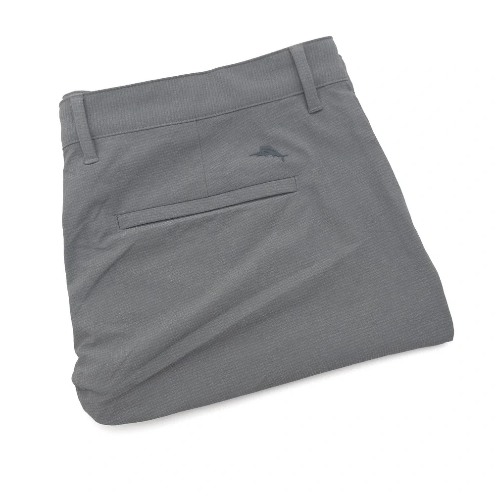 Tommy Bahama Men 38 Gray Micro Grid Golf Chip Shot Shorts Flat Front Marlin Logo